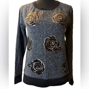 Apt. 9 Women's Long Sleeve Gray Black & Gold Rose Sweater, Size XS